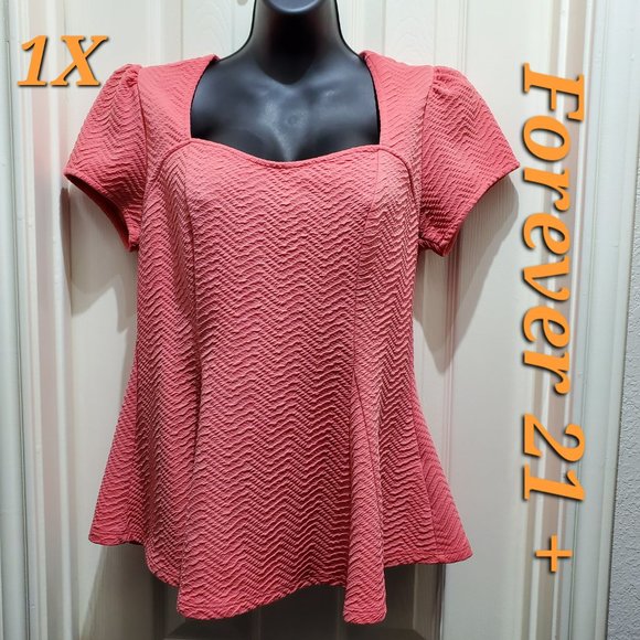 FOREVER 21+ Salmon Top Peplum Flared Square Neck Short-Sleeve Blouse, Size 1X - Picture 8 of 8
